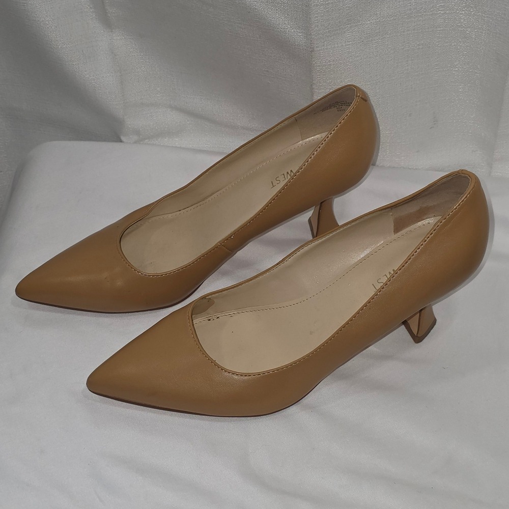 Nine‎ West WhyNot3 Tan Pointed Toe Architectural Kitten Heels Pumps Mens 9.5M
